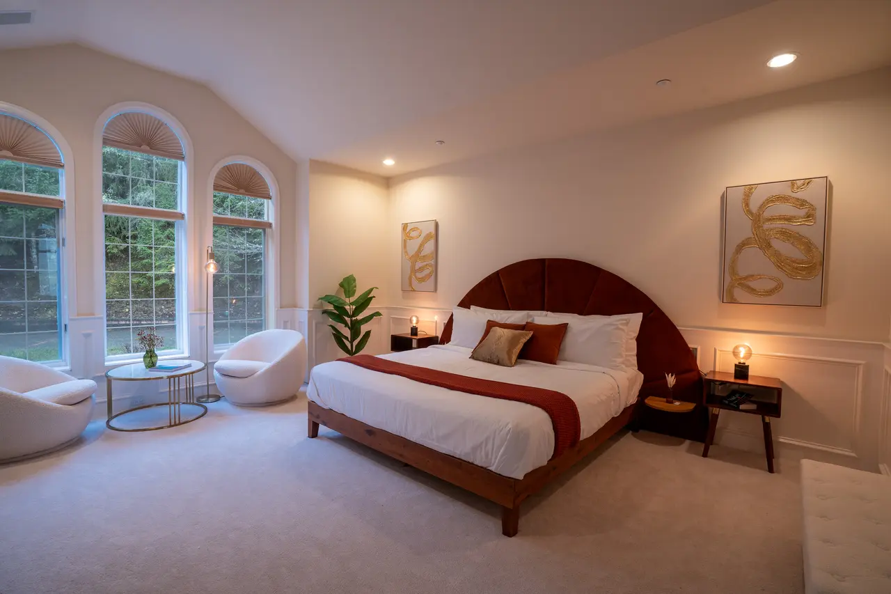 Enjoy the morning sun through the arched Victorian windows.