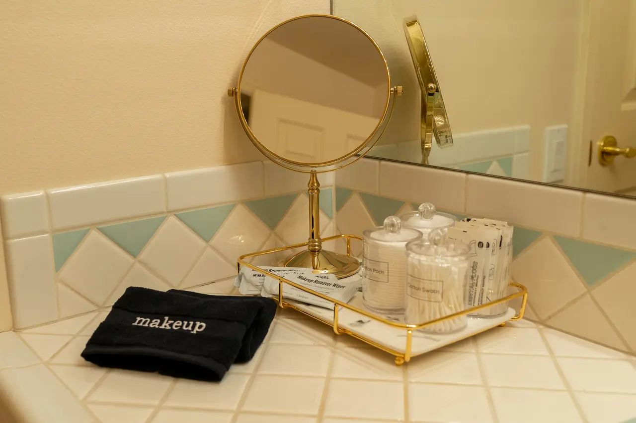 We provide essentials like makeup towels, a magnifying mirror, and vegan hand soap in the guest bathrooms, too.